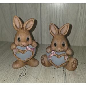 Vtg Brown Easter Bunnies Holding Pink Hearts Bows Cottagecore Heritage Kitsch